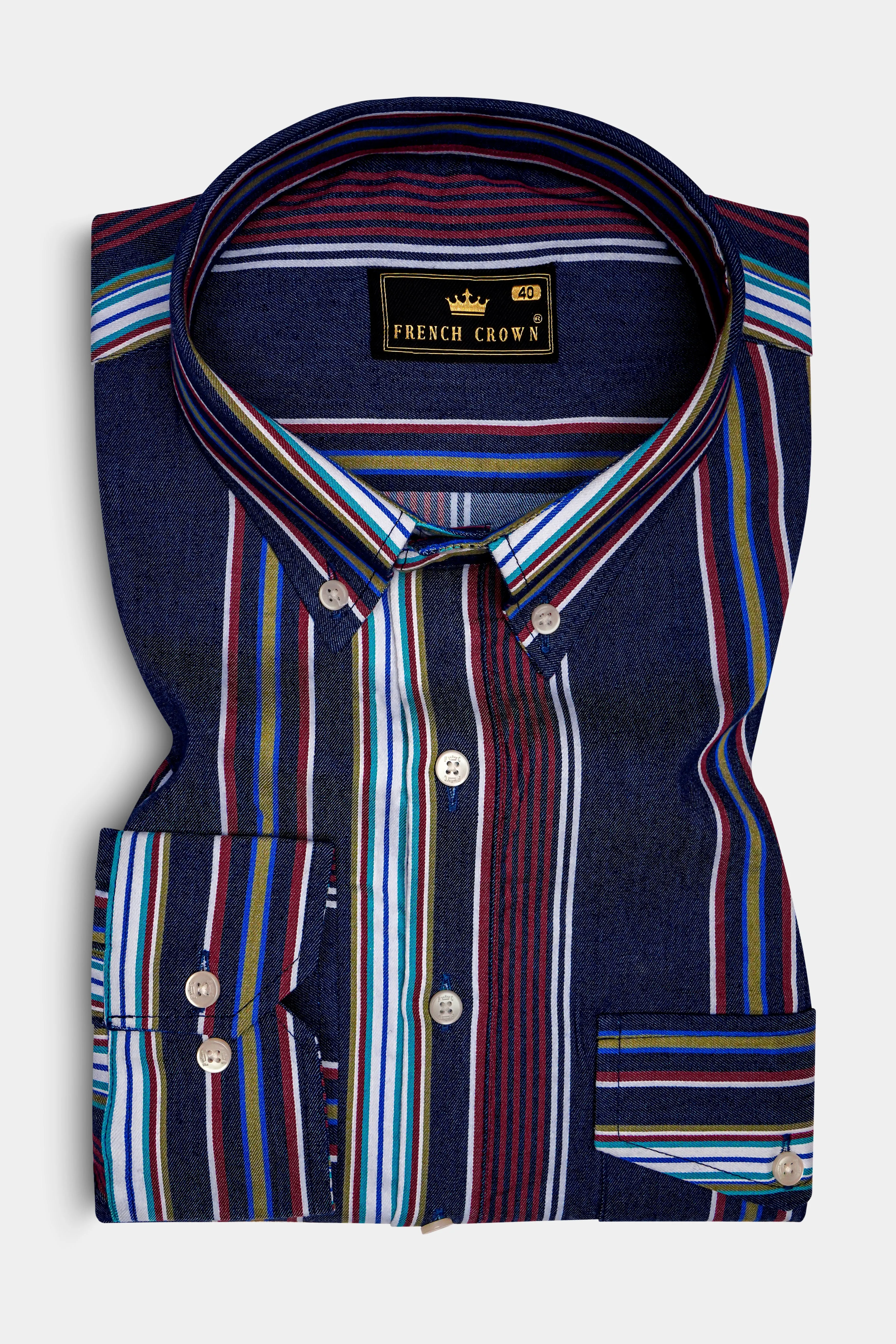 Obscura-Midnight Blue And Bordeaux Red Multicoloured Striped Indigo Denim Casual Designer Shirt sold by French Crown product image thumbnail 2