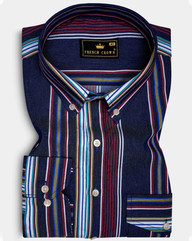 Obscura-Midnight Blue And Bordeaux Red Multicoloured Striped Indigo Denim Casual Designer Shirt sold by French Crown