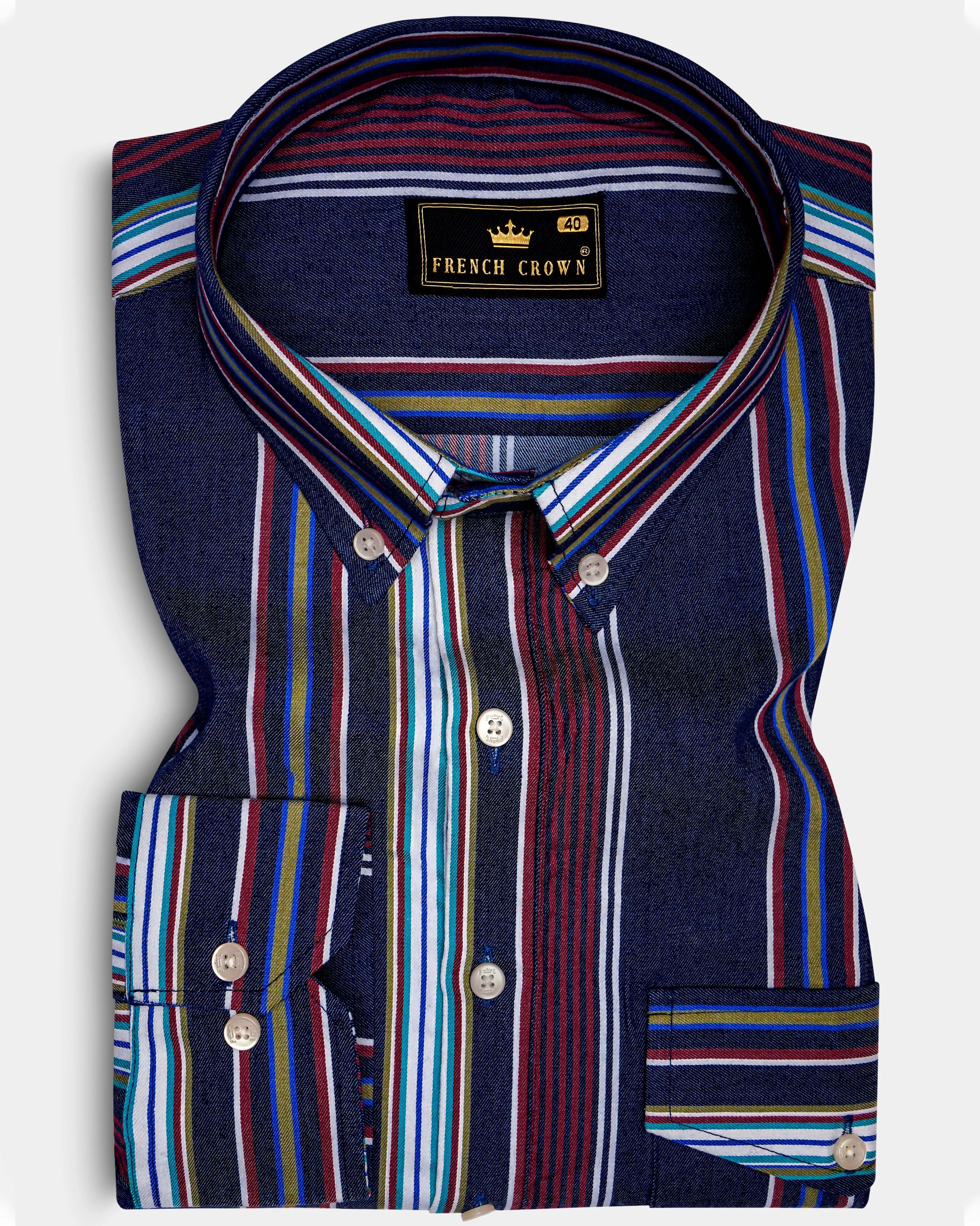 Obscura-Midnight Blue And Bordeaux Red Multicoloured Striped Indigo Denim Casual Designer Shirt sold by French Crown