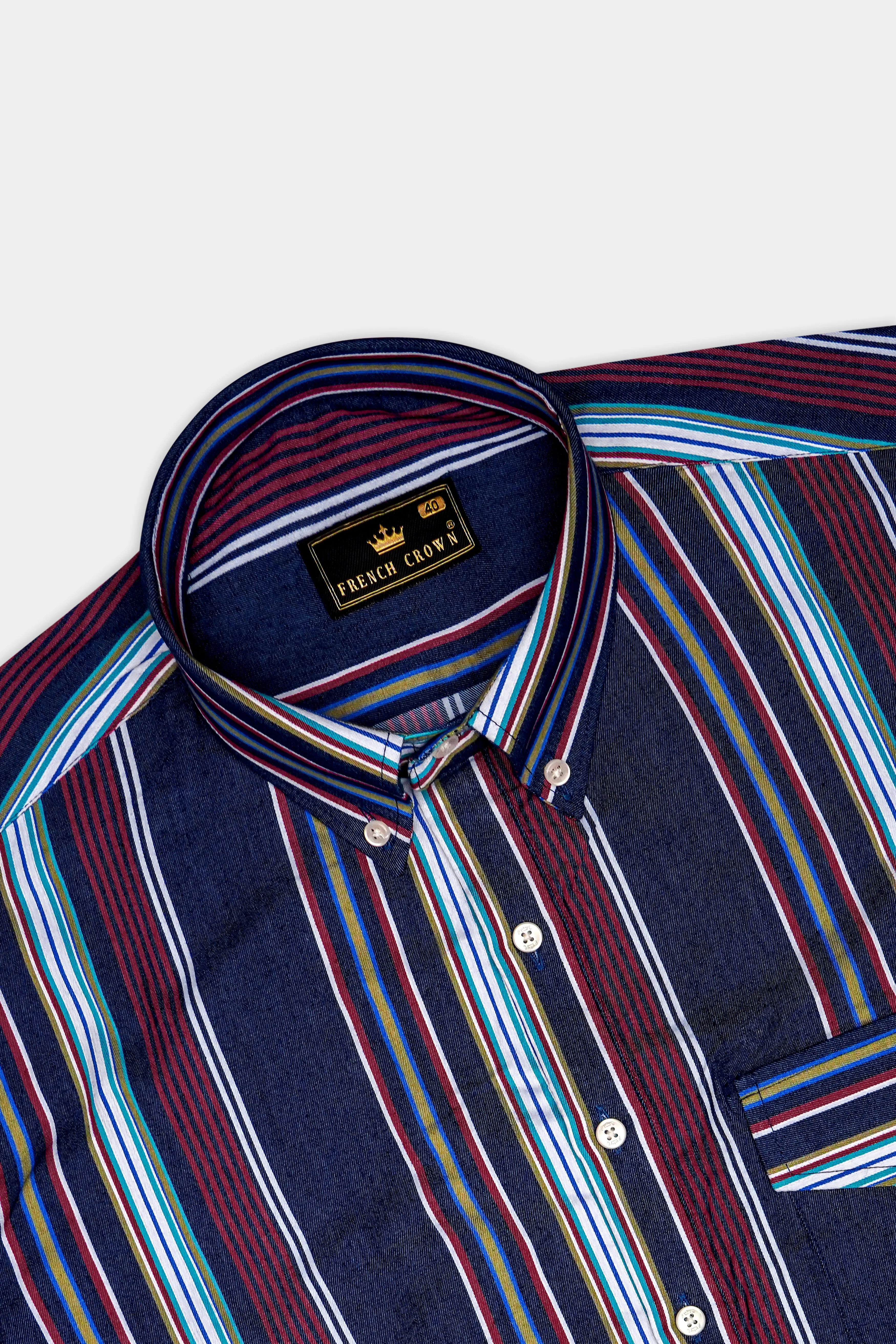 Obscura-Midnight Blue And Bordeaux Red Multicoloured Striped Indigo Denim Casual Designer Shirt sold by French Crown product image thumbnail 5