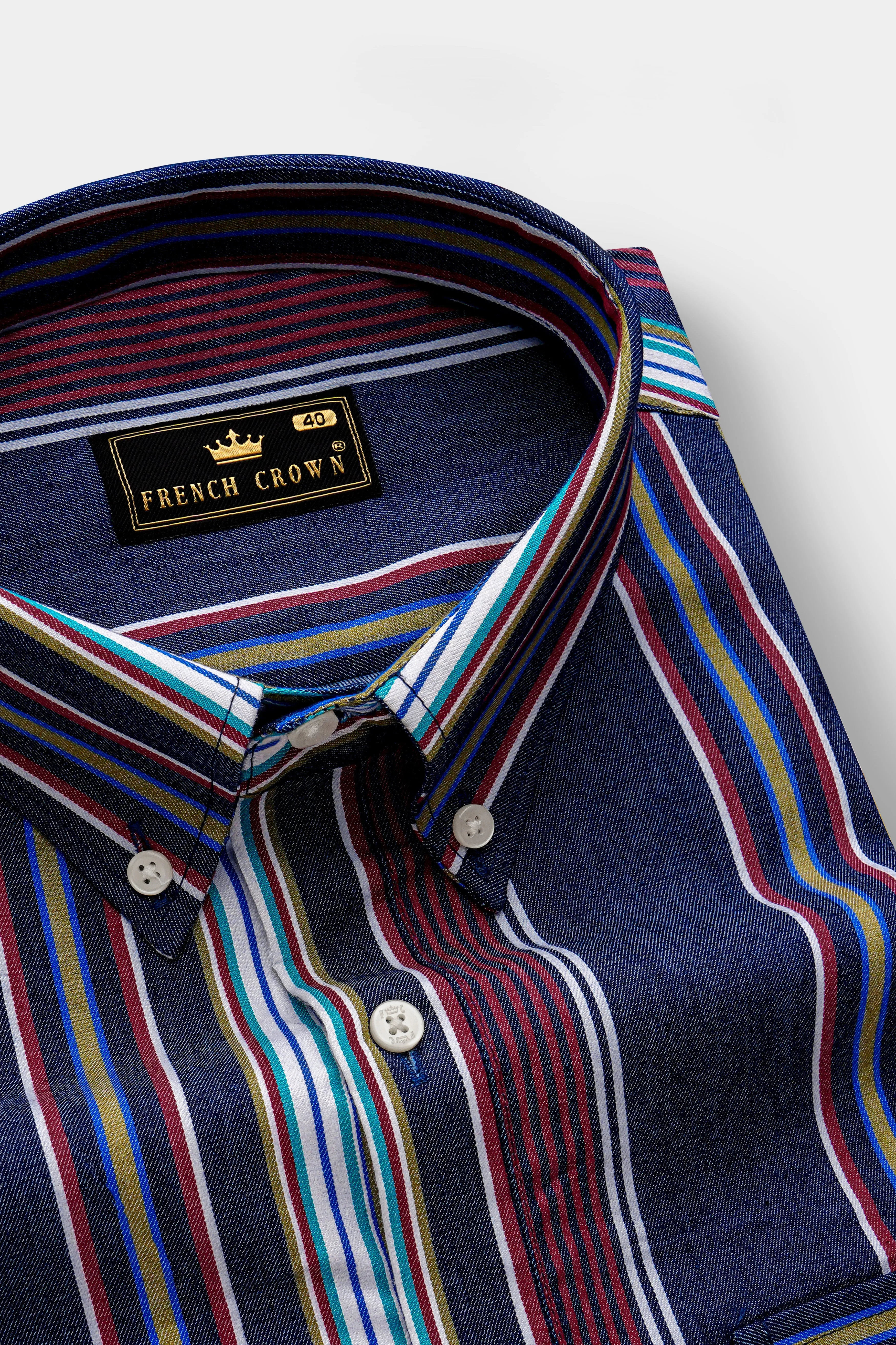 Obscura-Midnight Blue And Bordeaux Red Multicoloured Striped Indigo Denim Casual Designer Shirt sold by French Crown product image thumbnail 4