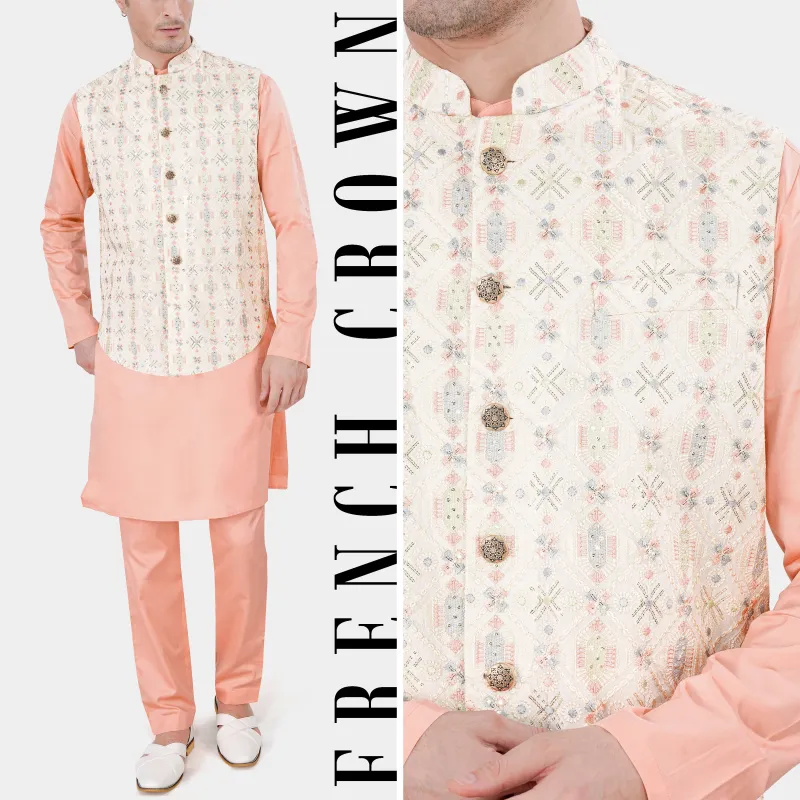 Pearl Cream Embroidered with Sequins Work Sleeveless Jacket with Cashmere Peach Kurta and Pajama Set sold by French Crown