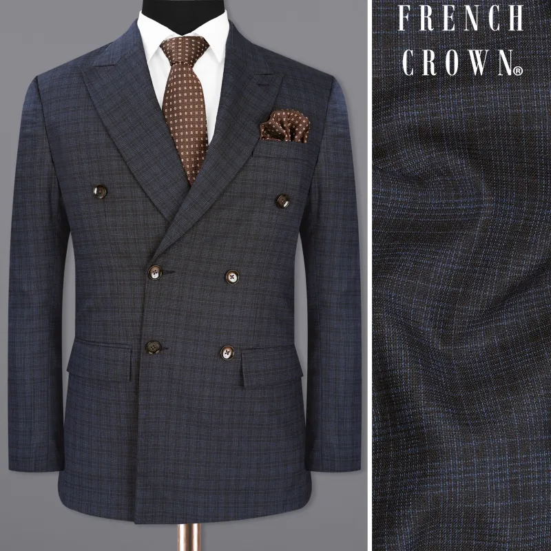 Ebony Clay Gray and Metallic Blue Plaid Double-Breasted Blazer sold by French Crown