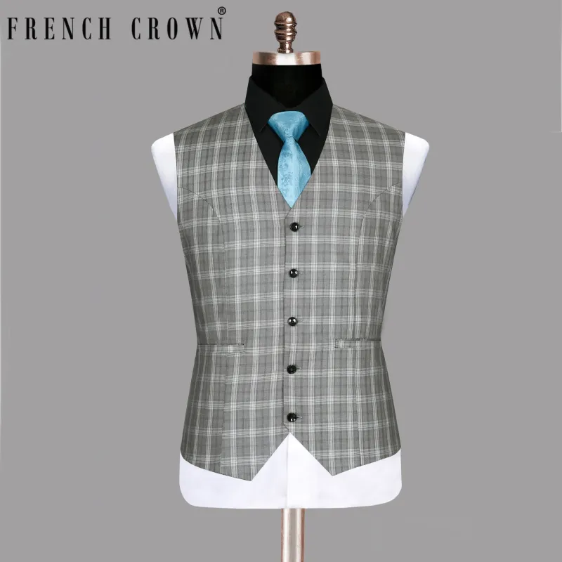 Light Grey Plaid Wool Blend Waistcoat sold by French Crown