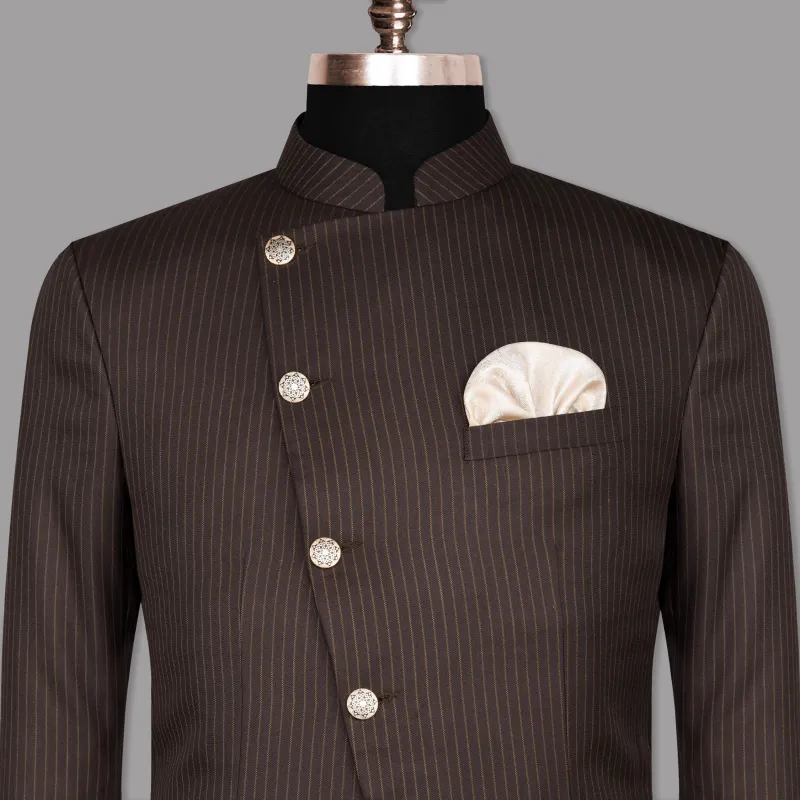 Crater Brown Striped Cross Placket Bandhgala/Mandarin Blazer sold by French Crown