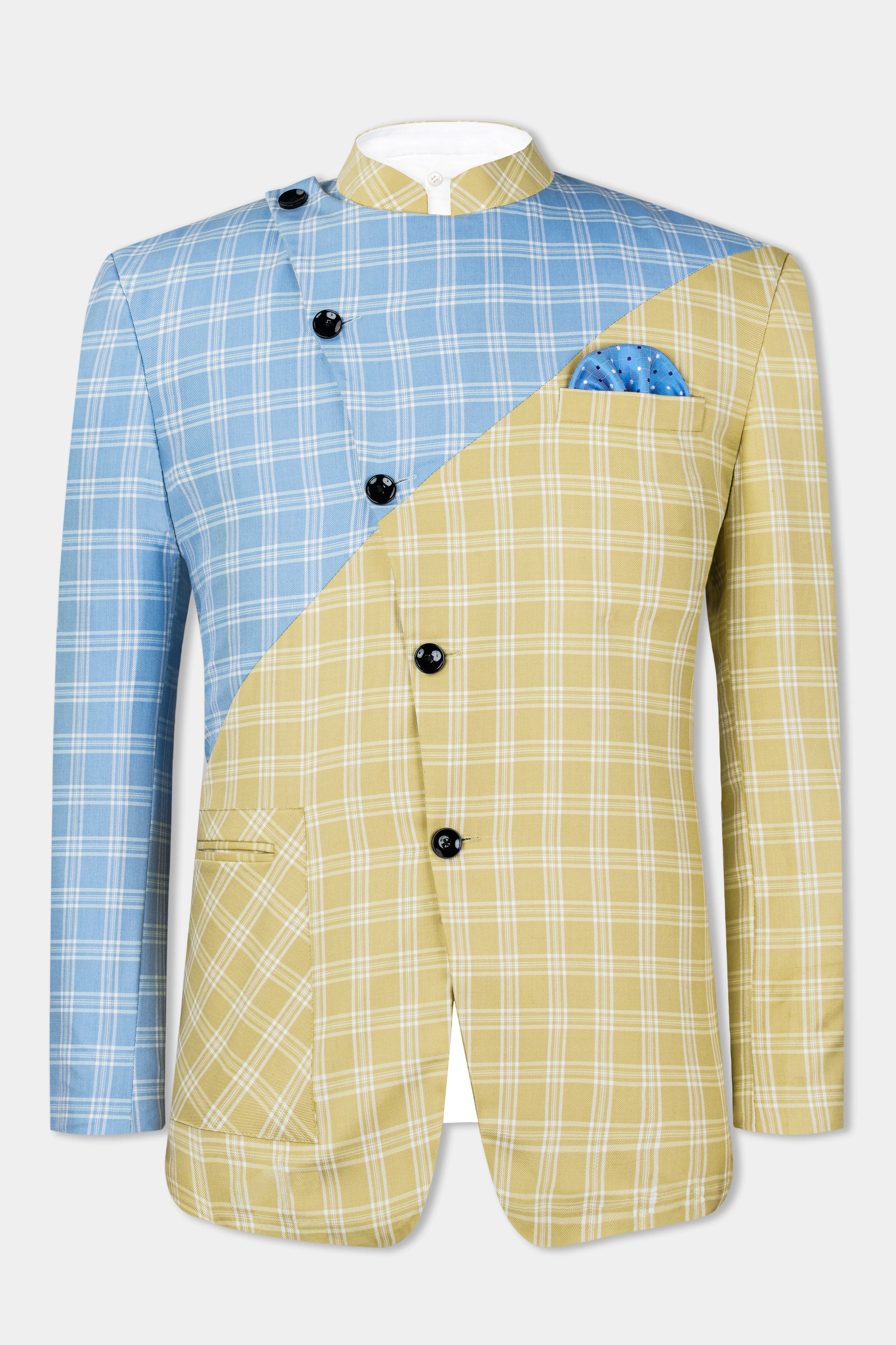 Casper Blue and Brandy Brown Plaid Wool Rich Cross Placket Bandhgala Designer Blazer sold by French Crown product image thumbnail 2