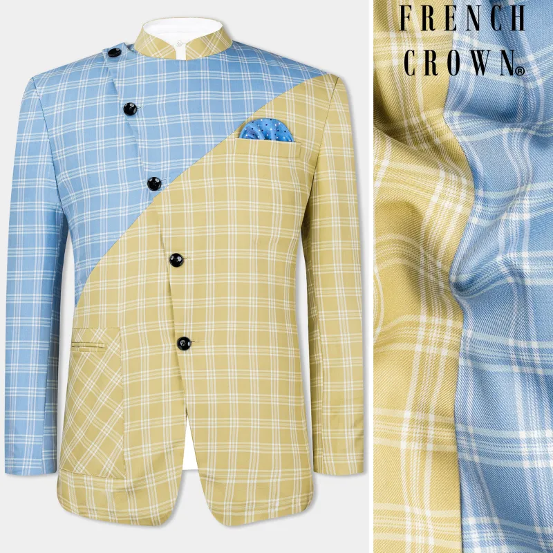 Casper Blue and Brandy Brown Plaid Wool Rich Cross Placket Bandhgala Designer Blazer sold by French Crown
