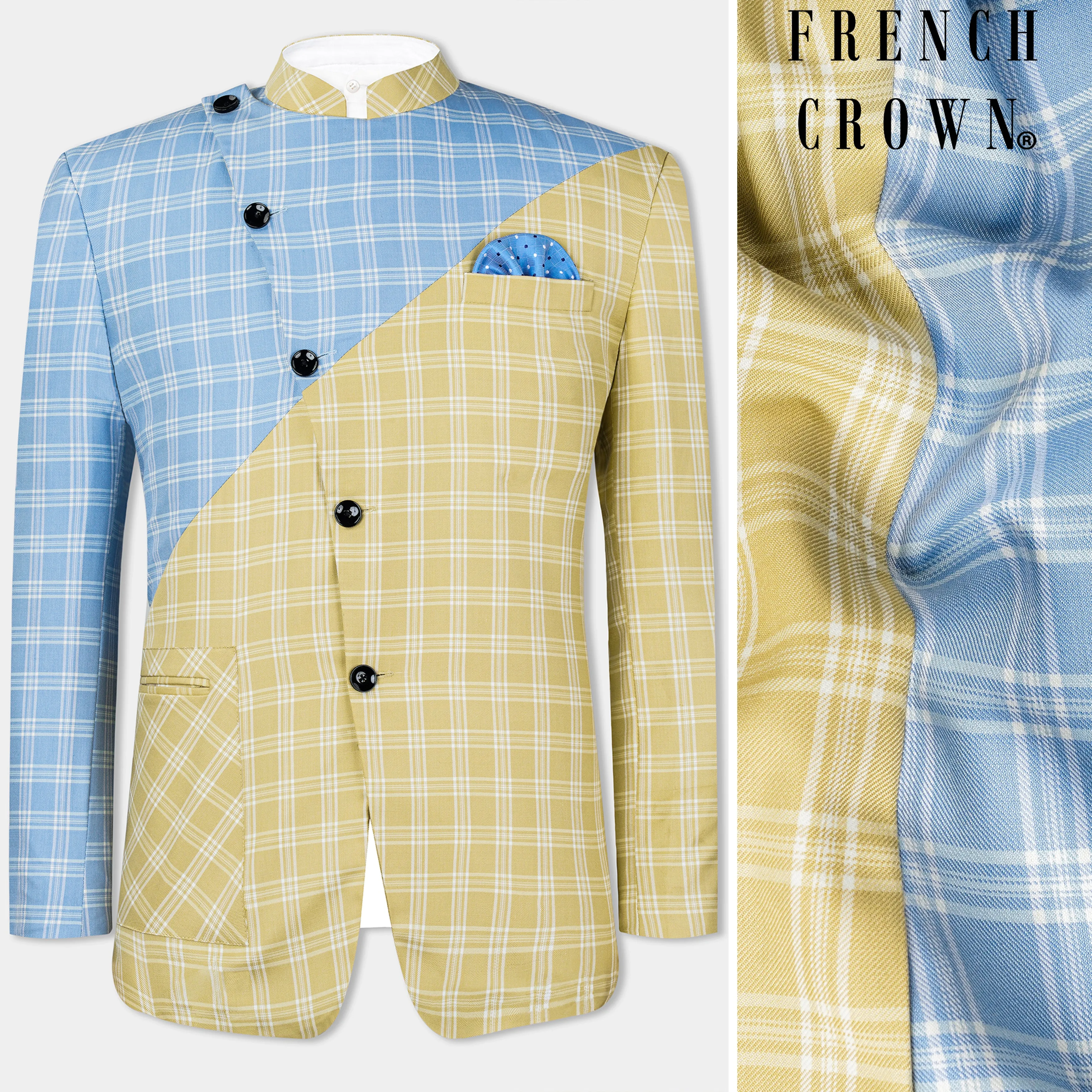 Casper Blue and Brandy Brown Plaid Wool Rich Cross Placket Bandhgala Designer Blazer sold by French Crown