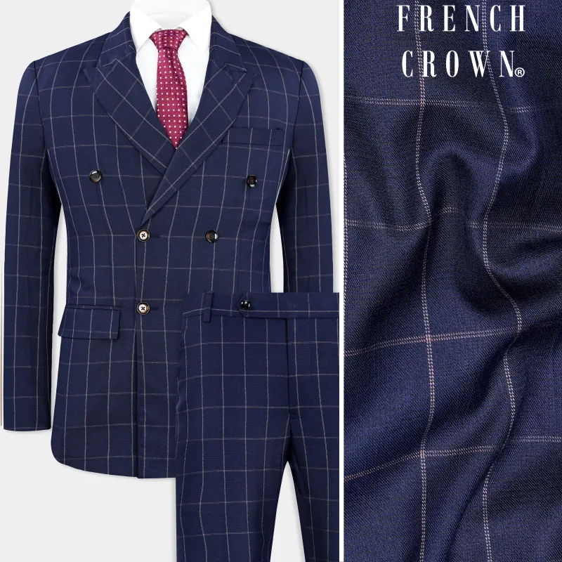 Admiral Blue Windowpane Wool Rich Double Breasted Suit sold by French Crown
