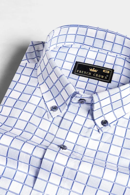 Bright White with Casper Blue and Black Checkered Dobby Textured Premium Giza Cotton Shirt sold by French Crown