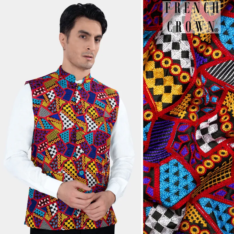 Canray Orange and Catalina Blue Multicolour Cotton Thread Embroidered Nehru Jacket sold by French Crown