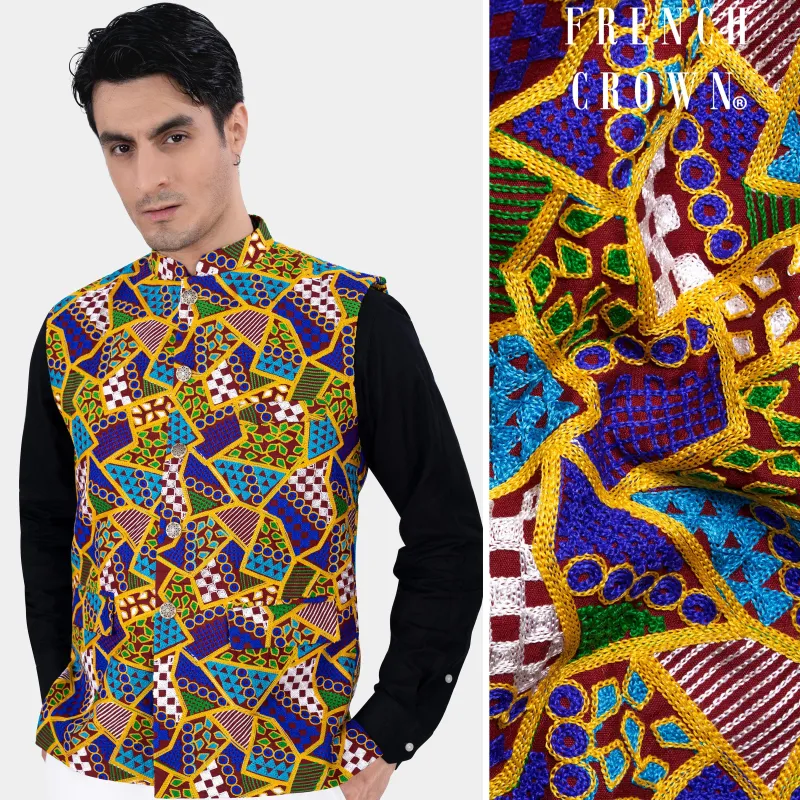 Amber Yellow with Cobalt Blue Multicolour Cotton Thread Embroidered Nehru Jacket sold by French Crown
