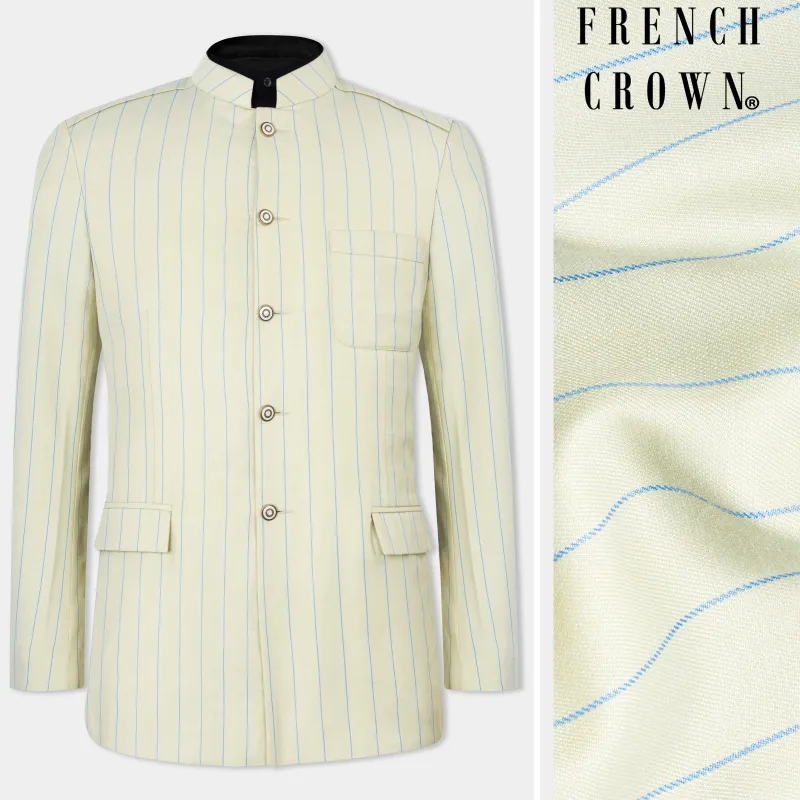 Ivory Cream with Celestial Blue Striped Wool Rich Bandhgala Blazer sold by French Crown