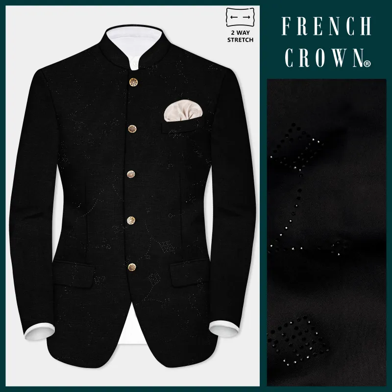 Jade Black Stretchable Wool Rich Stone Work Bandhgala Designer Blazer sold by French Crown