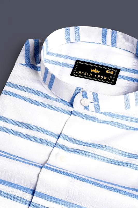 Bright White and Cornflower Blue Striped Dobby Textured Premium Giza Cotton Shirt sold by French Crown