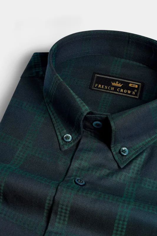 Gunmetal Blue and Plantation Green Checkered Jacquard Textured Premium Giza Cotton Shirt sold by French Crown