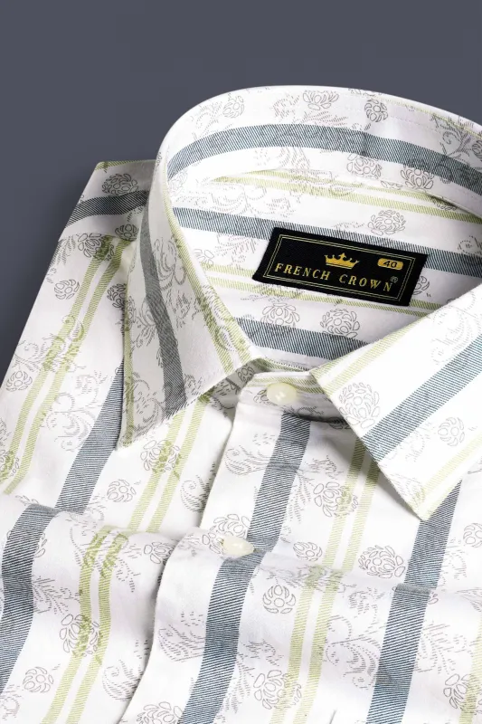 Bright White with Gunsmoke Gray and Hampton Green Striped Super Soft Premium Cotton Shirt sold by French Crown
