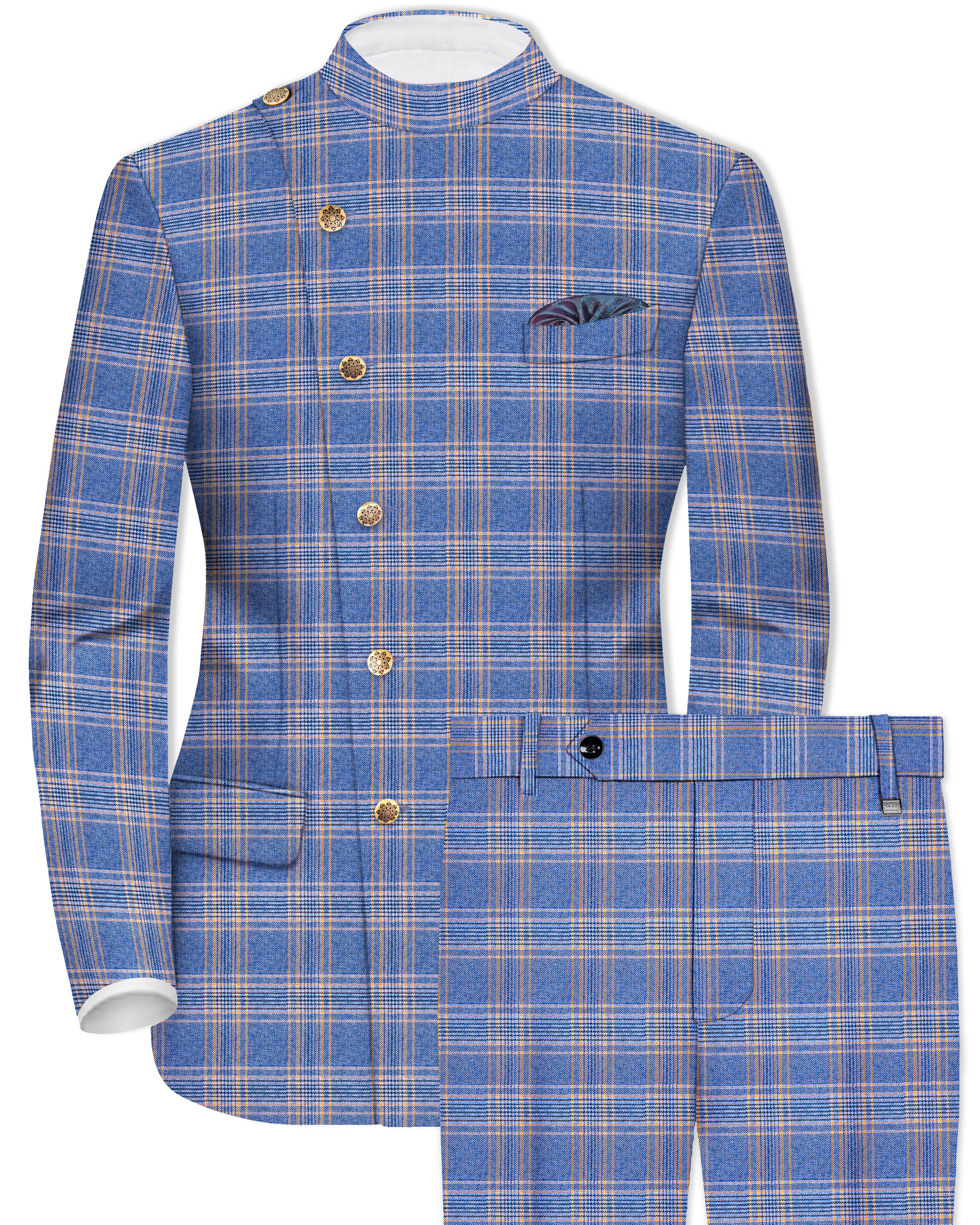 Scampi Blue and Muesli Brown Plaid Wool Rich Cross Placket Bandhgala Suit sold by French Crown