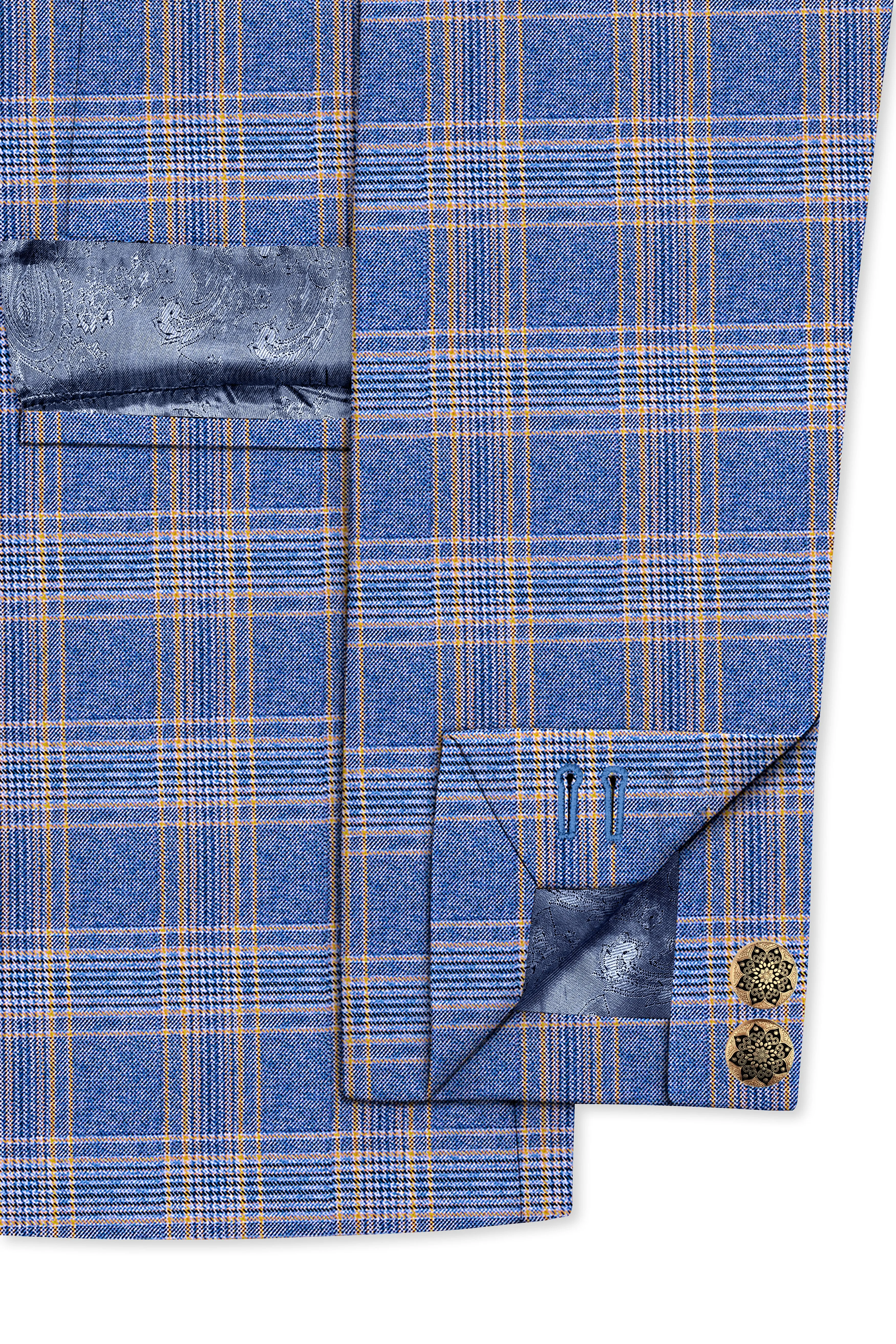 Scampi Blue and Muesli Brown Plaid Wool Rich Cross Placket Bandhgala Suit sold by French Crown product image thumbnail 5