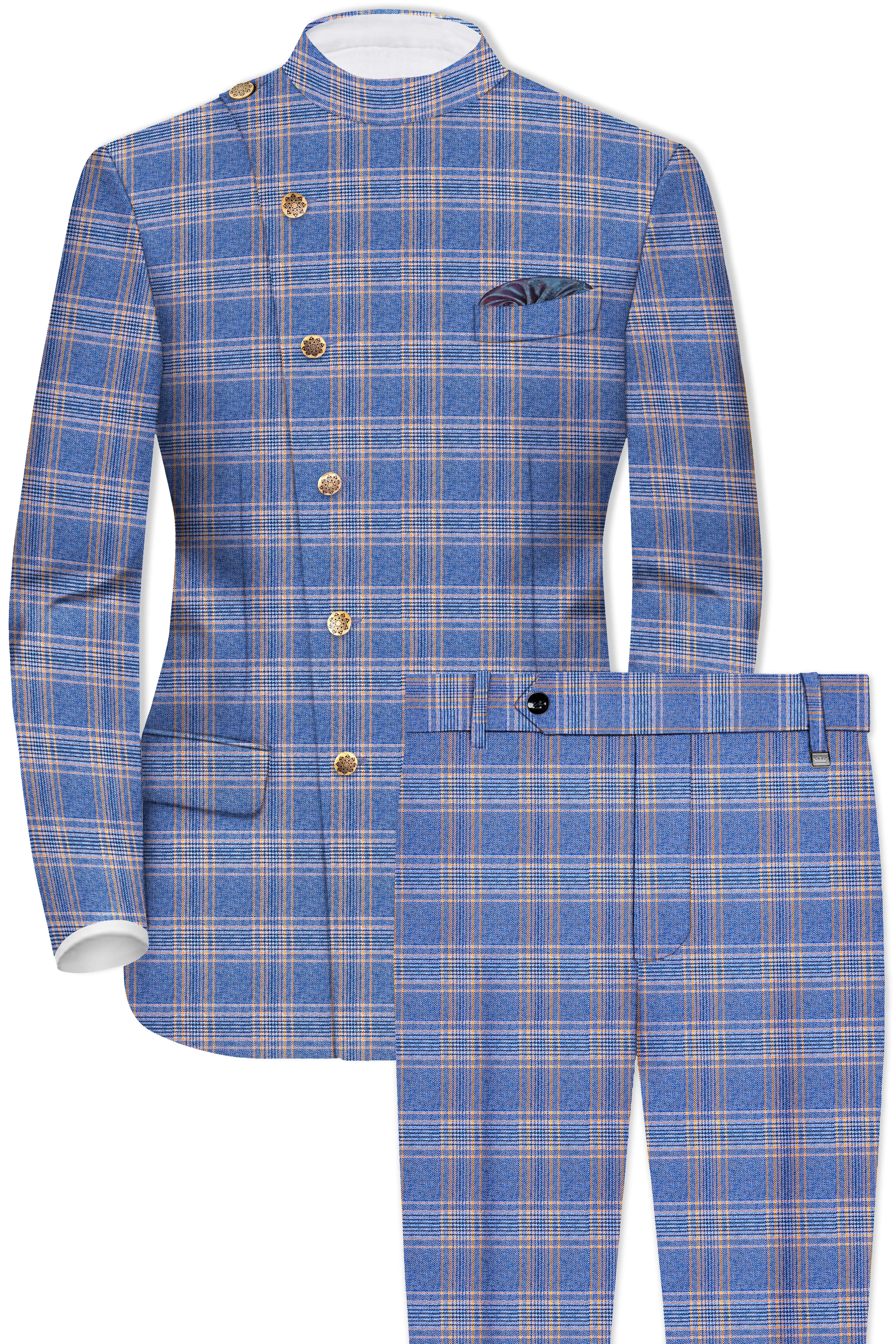 Scampi Blue and Muesli Brown Plaid Wool Rich Cross Placket Bandhgala Suit sold by French Crown product image thumbnail 2