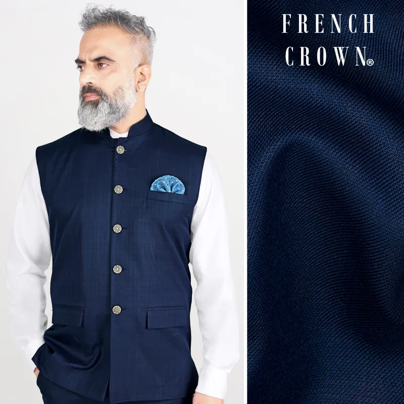 Nile Blue Wool Rich Nehru Jacket sold by French Crown