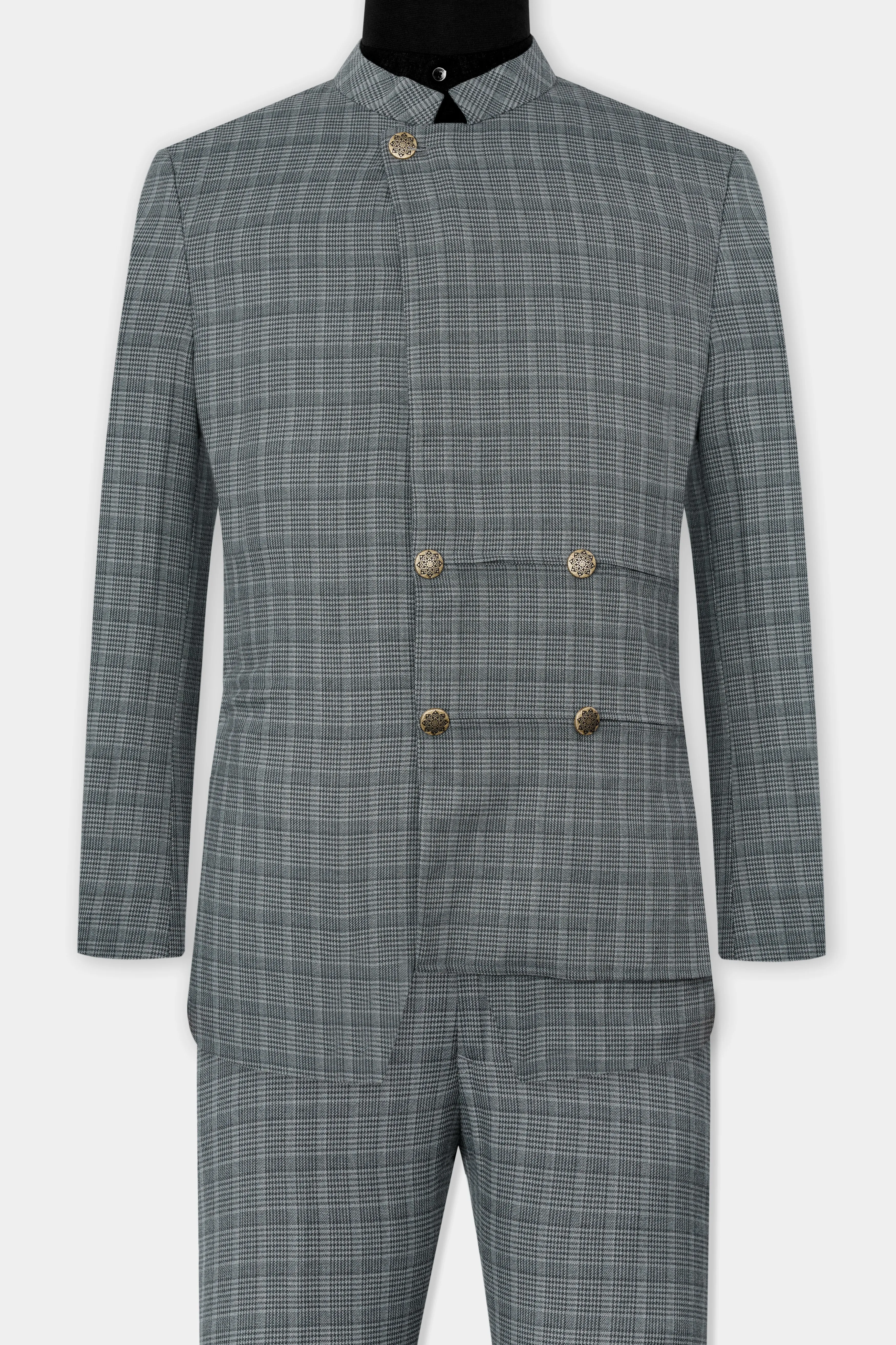 Oslo Gray Checkered Wool Rich Bandhgala Designer Stretchable Traveler Suit sold by French Crown product image thumbnail 4