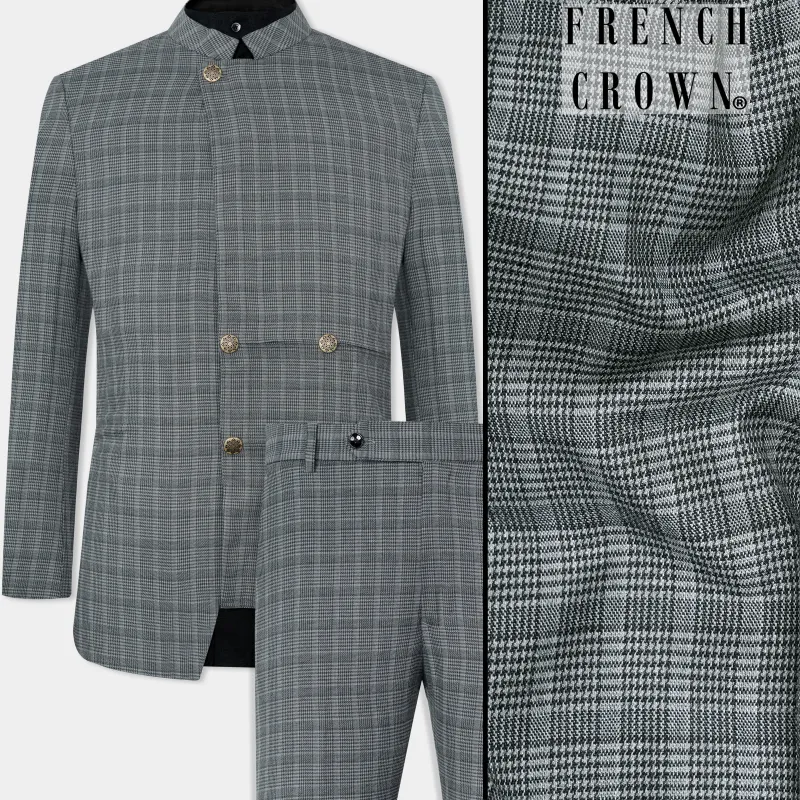 Oslo Gray Checkered Wool Rich Bandhgala Designer Stretchable Traveler Suit sold by French Crown