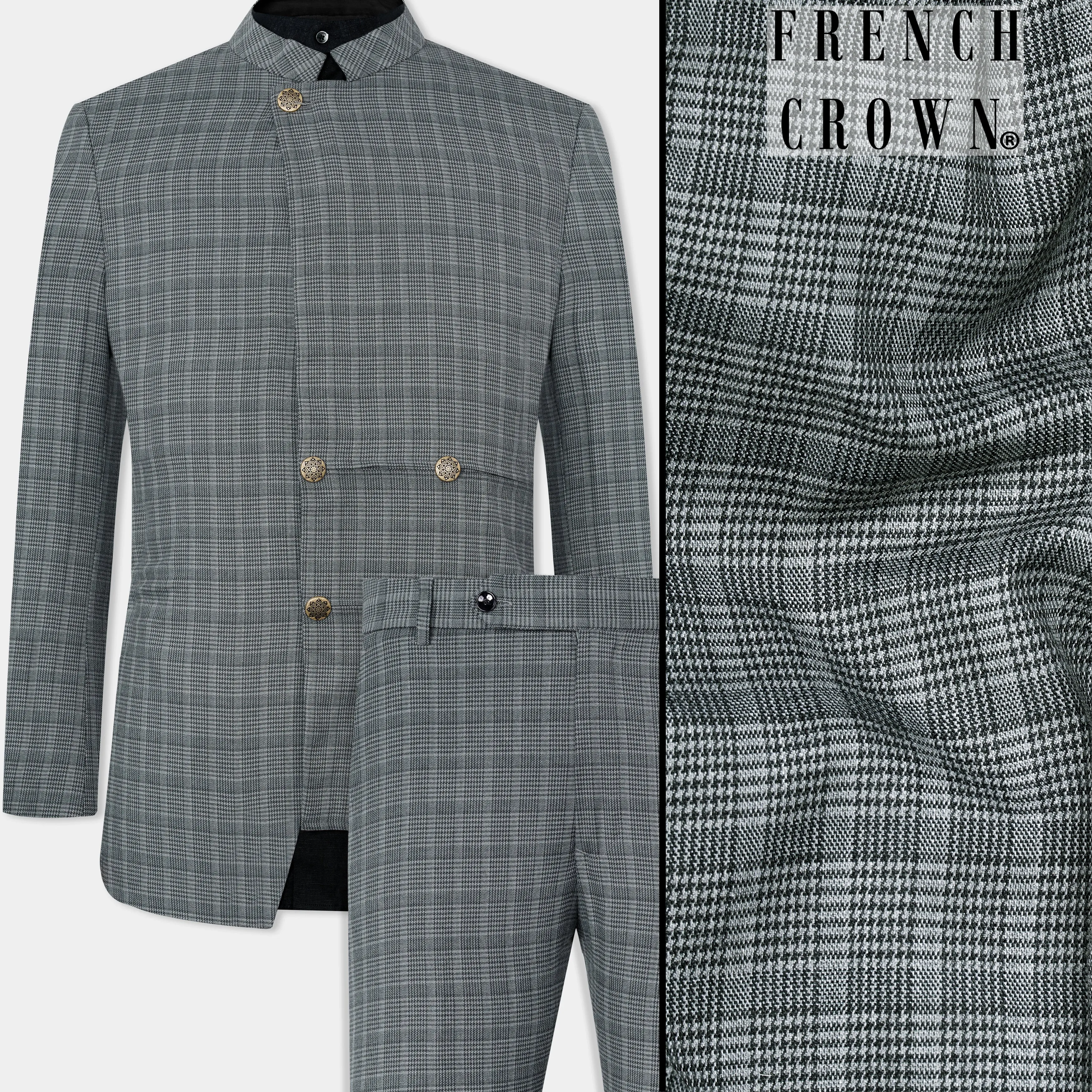 Oslo Gray Checkered Wool Rich Bandhgala Designer Stretchable Traveler Suit sold by French Crown