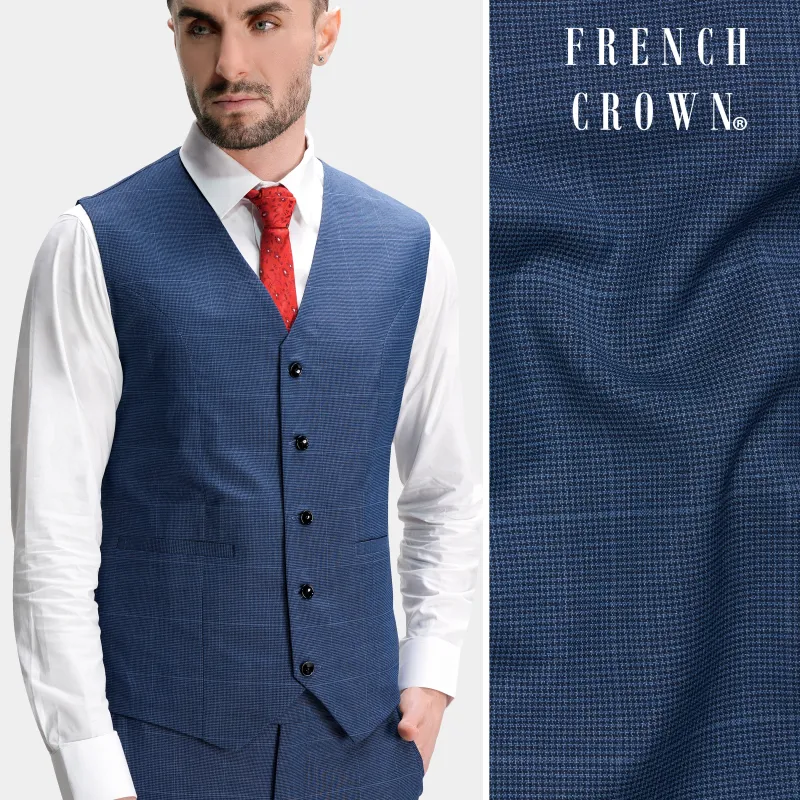 Gun Powder Blue Windowpane Wool Rich Stretchable traveler Waistcoat made by French Crown