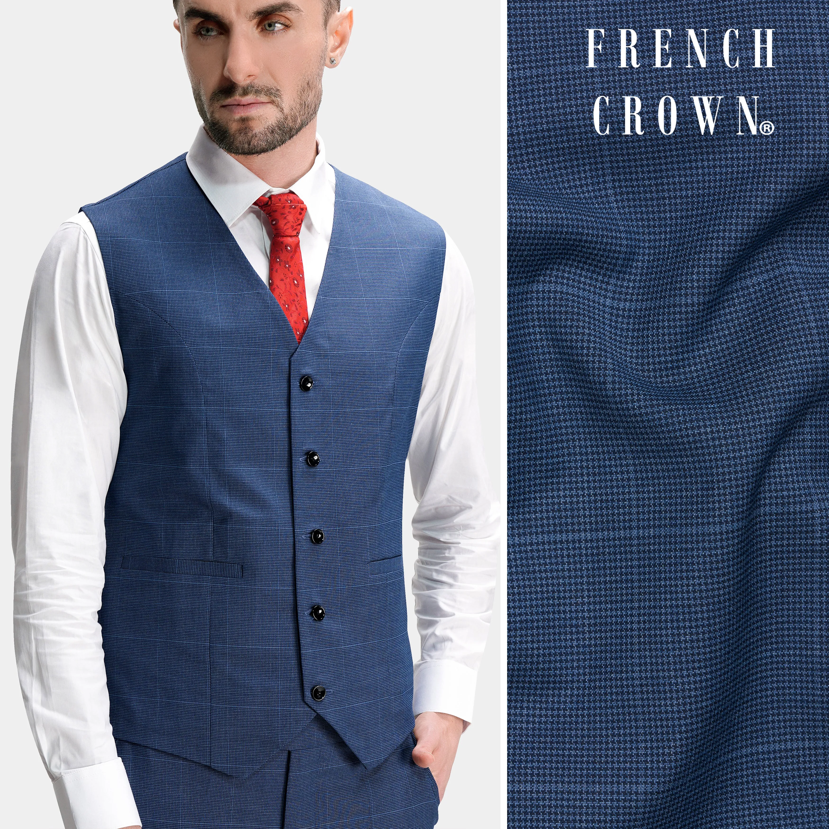 Gun Powder Blue Windowpane Wool Rich Stretchable traveler Waistcoat sold by French Crown