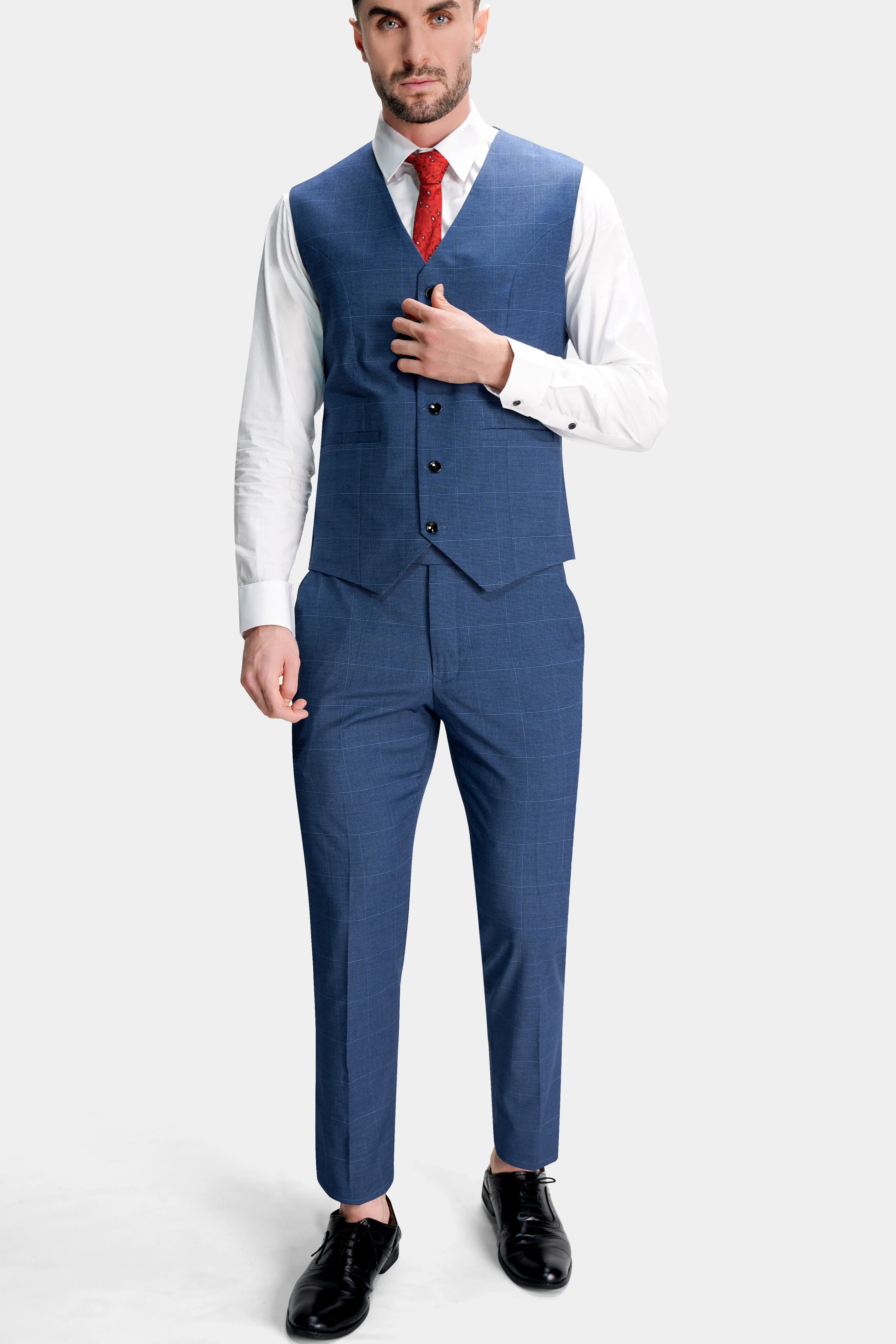 Gun Powder Blue Windowpane Wool Rich Stretchable traveler Waistcoat sold by French Crown product image thumbnail 5