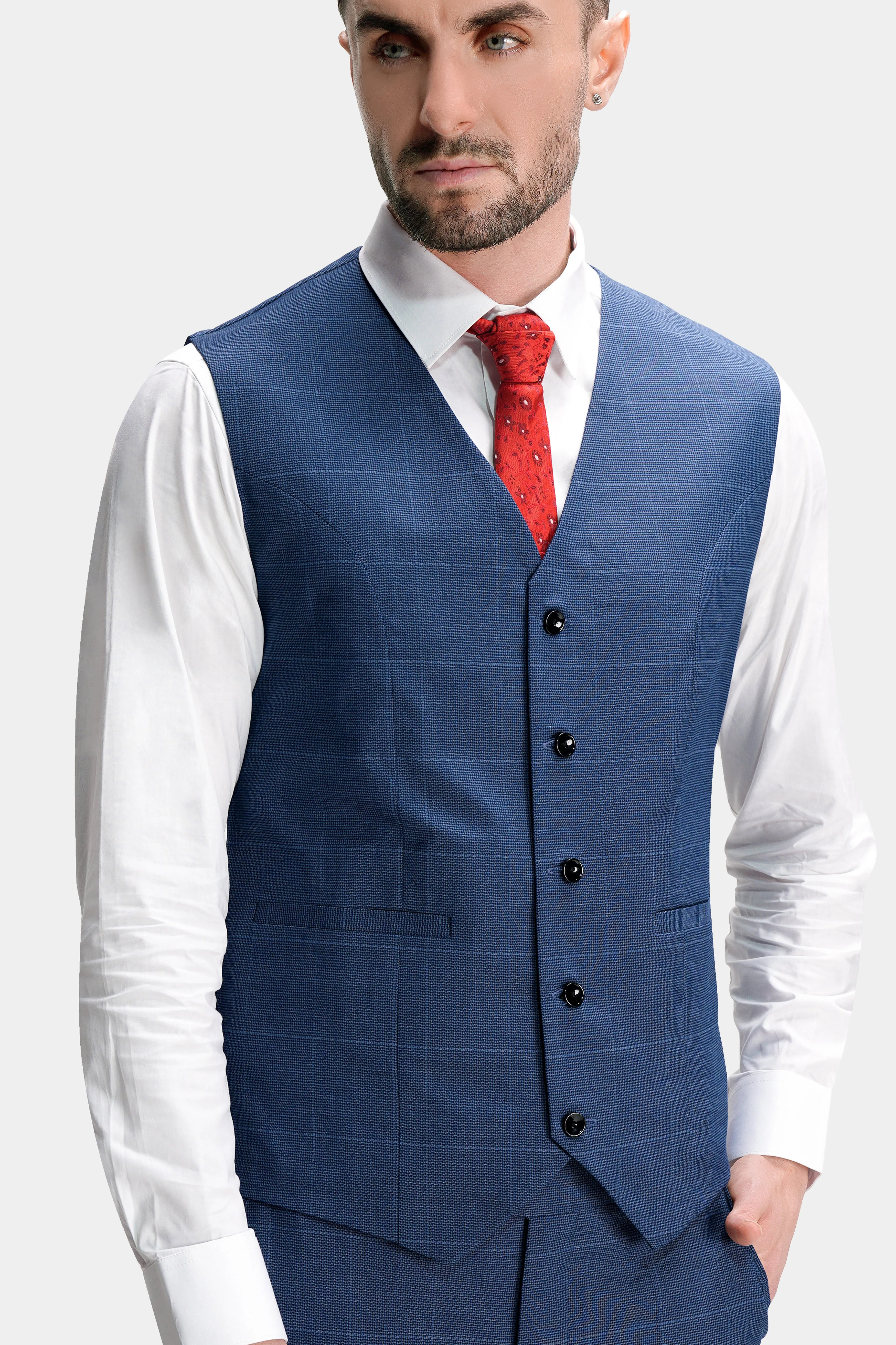 Gun Powder Blue Windowpane Wool Rich Stretchable traveler Waistcoat sold by French Crown product image thumbnail 2