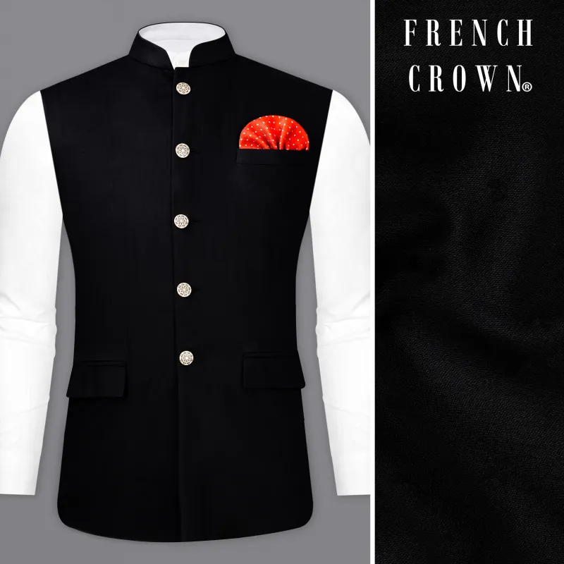 Jade Black Stretchable Subtle Sheen Wool Blend Nehru jacket sold by French Crown