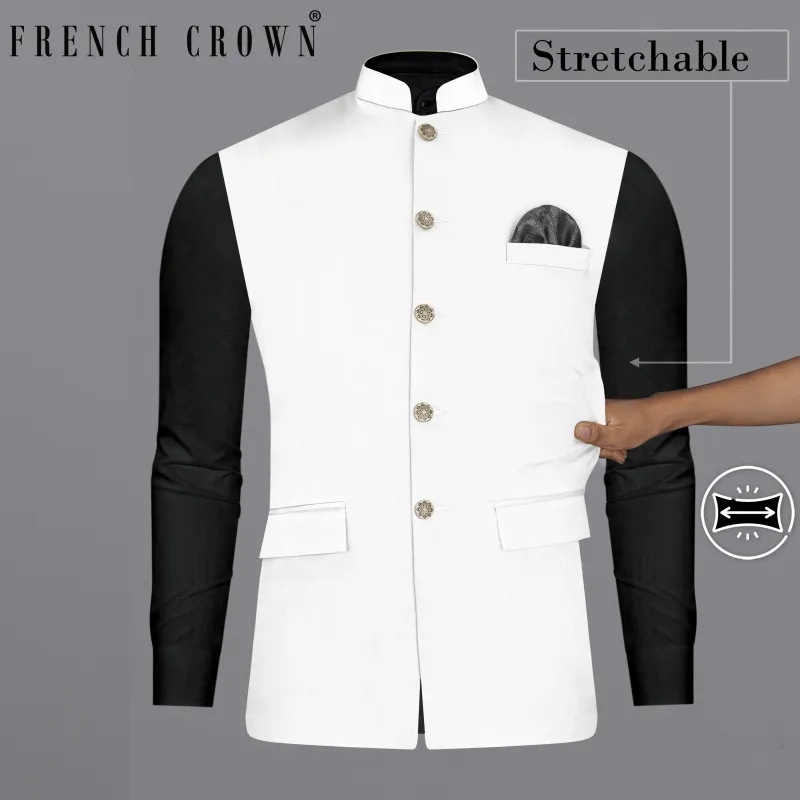 Bright White Solid Stretchable Premium Cotton Traveler Nehru Jacket sold by French Crown