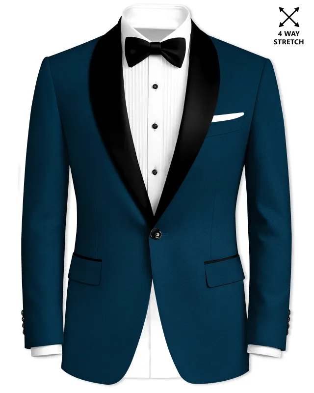 Aureblu-Korean Prussian Blue 4-Way Stretch Wrinkle-Free Fluid Drape Fabric Tuxedo Blazer made by French Crown