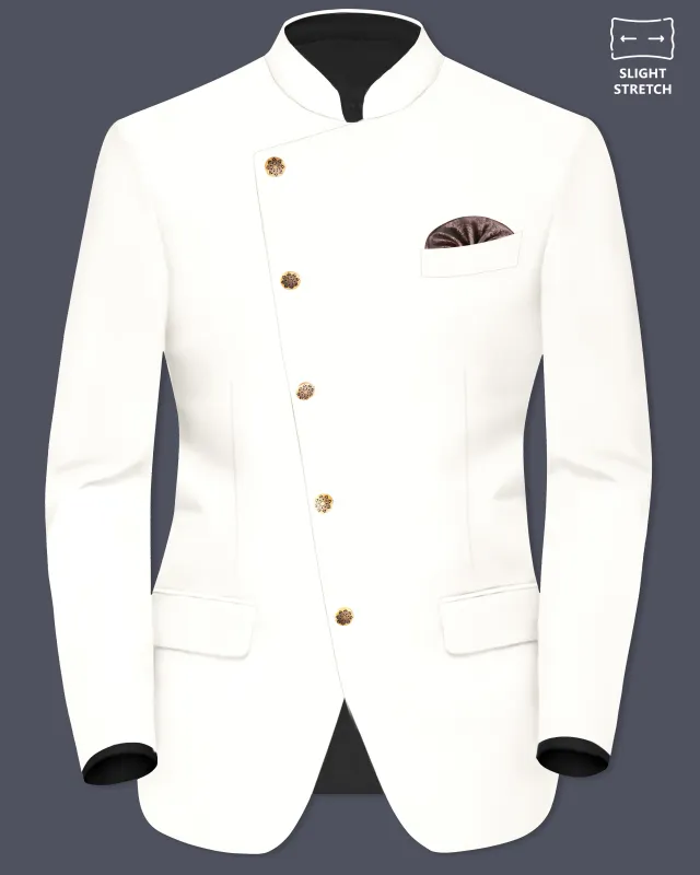 Off White Solid Wool Rich Cross Placket Bandhgala Slight Stretch Blazer sold by French Crown