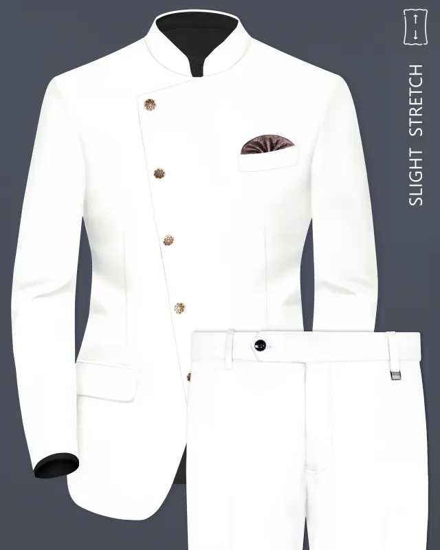 Off White Solid Wool Rich Cross Placket Bandhgala Slight Stretch Suit sold by French Crown