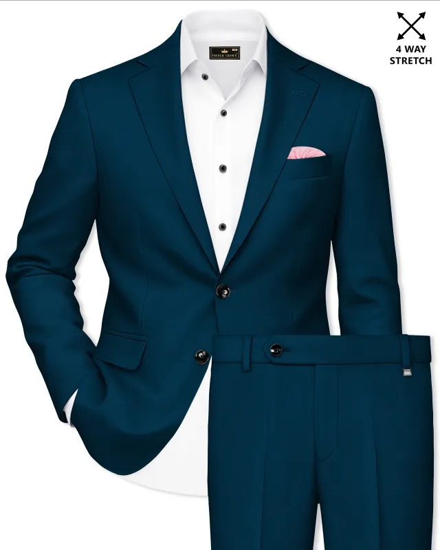Aureblu-Korean Prussian Blue 4-Way Stretch Wrinkle-Free Fluid Drape Fabric Single Breasted Suit made by French Crown