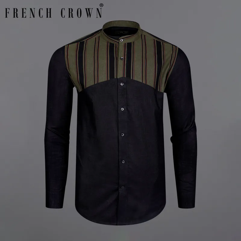 Jade Black with Taupe Green Striped Dobby Premium Giza Cotton Designer Shirt sold by French Crown