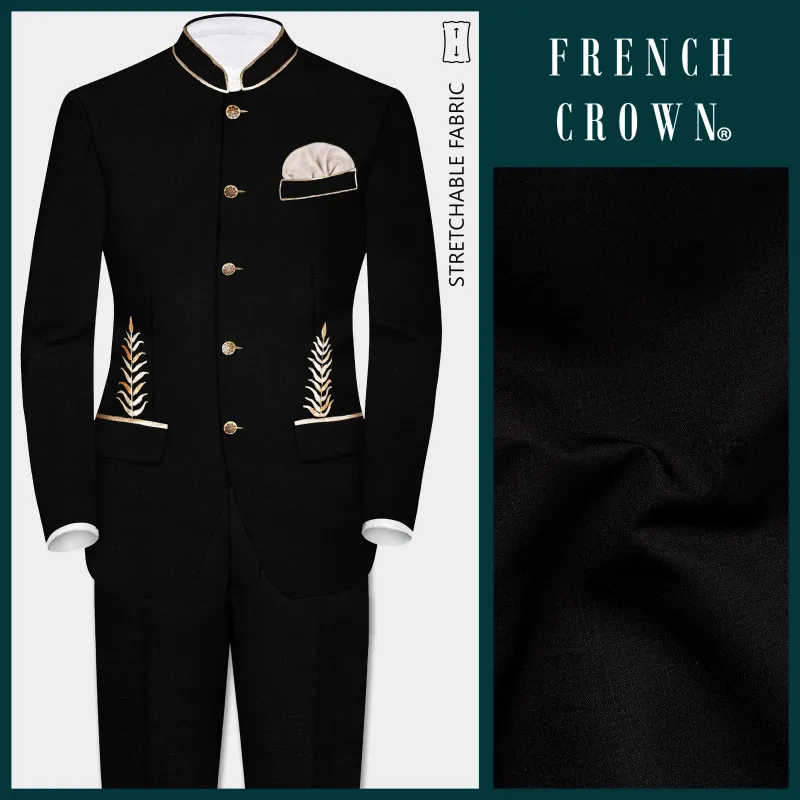 Jade Black Stretchable Leaves Hand Painted Bandhgala Designer Suit sold by French Crown