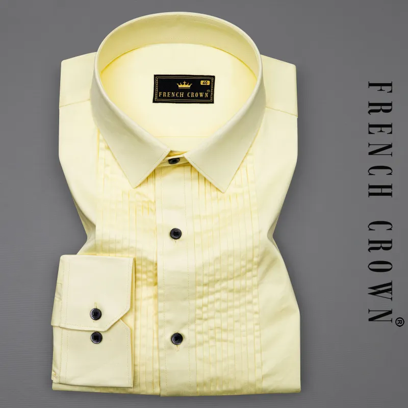 Oasis Yellow Subtle Sheen Snake Pleated Super Soft Premium Cotton Tuxedo Shirt sold by French Crown