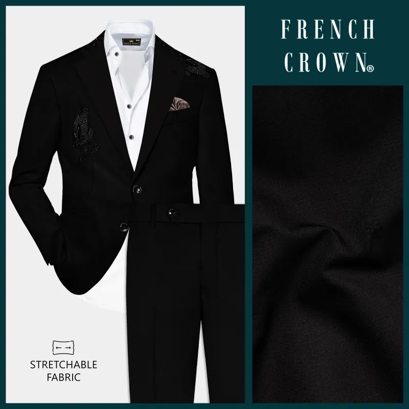 Jade Black Stretchable Subtle Sheen Pigeon Patterned Wool Rich Tuxedo Suit sold by French Crown