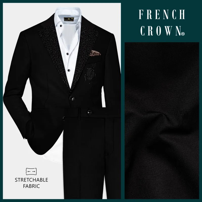 Jade Black Stretchable Subtle Sheen Ladybird Patterned Wool Rich Tuxedo Suit sold by French Crown