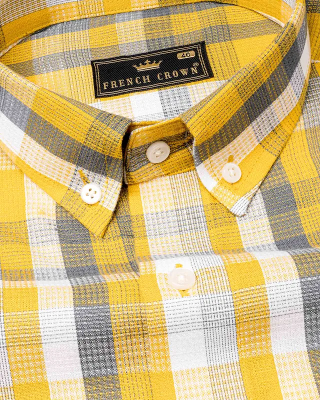 Sunglow Yellow with Shuttle Gray Twill Checkered Premium Cotton Shirt made by French Crown
