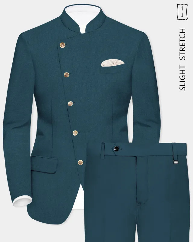 Prestige-Dianne Green Solid Wool Rich Cross Placket Bandhgala Slight Stretch Suit sold by French Crown