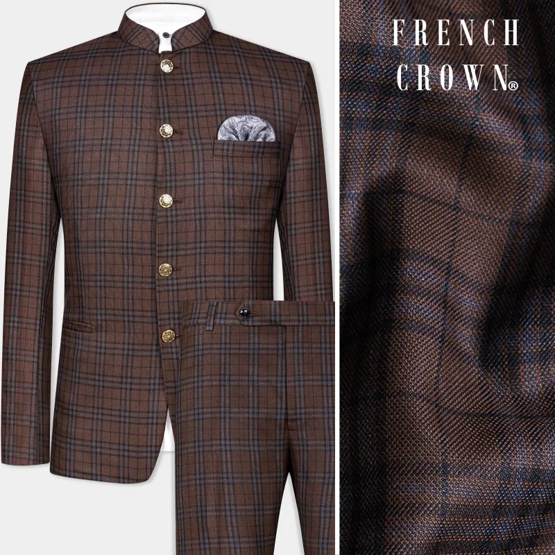 Gingerbread Brown and Haiti Blue Plaid Wool Rich Bandhgala Suit sold by French Crown