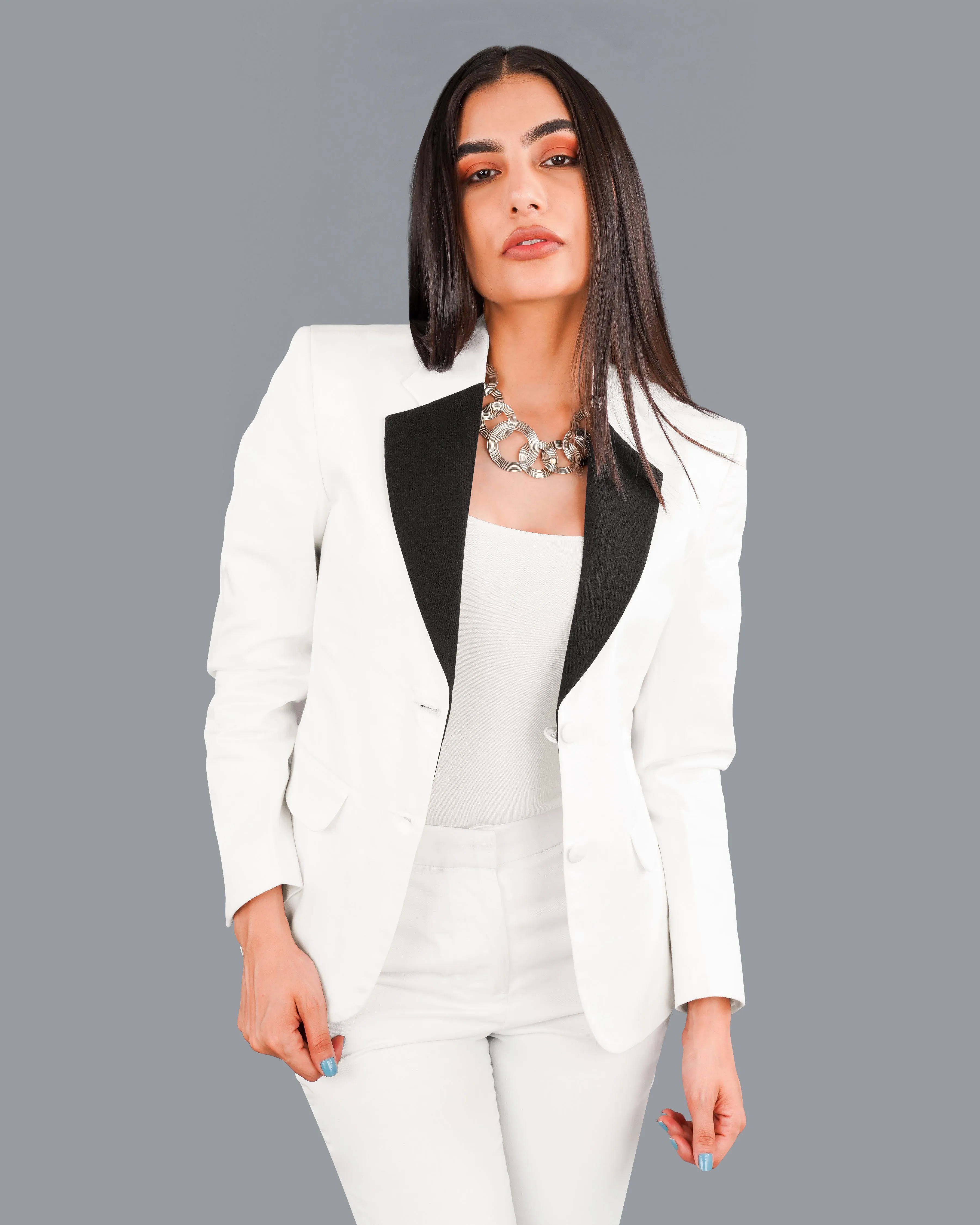 Bright White with Black Patch Collar Premium Cotton Women's Suit sold by French Crown product image thumbnail 4