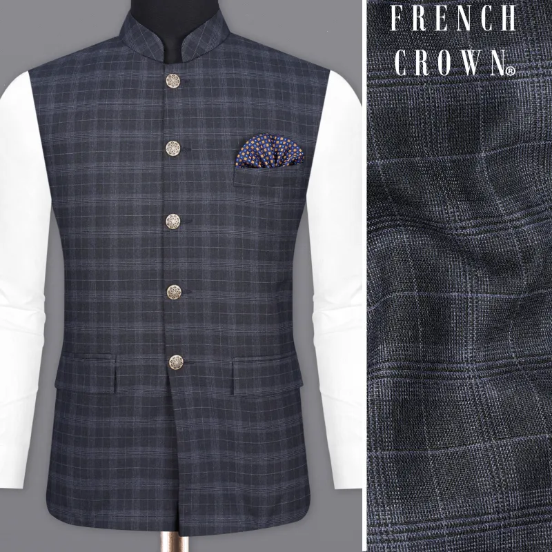 Iridium Gray With Mobster Gray Plaid Nehru Jacket sold by French Crown