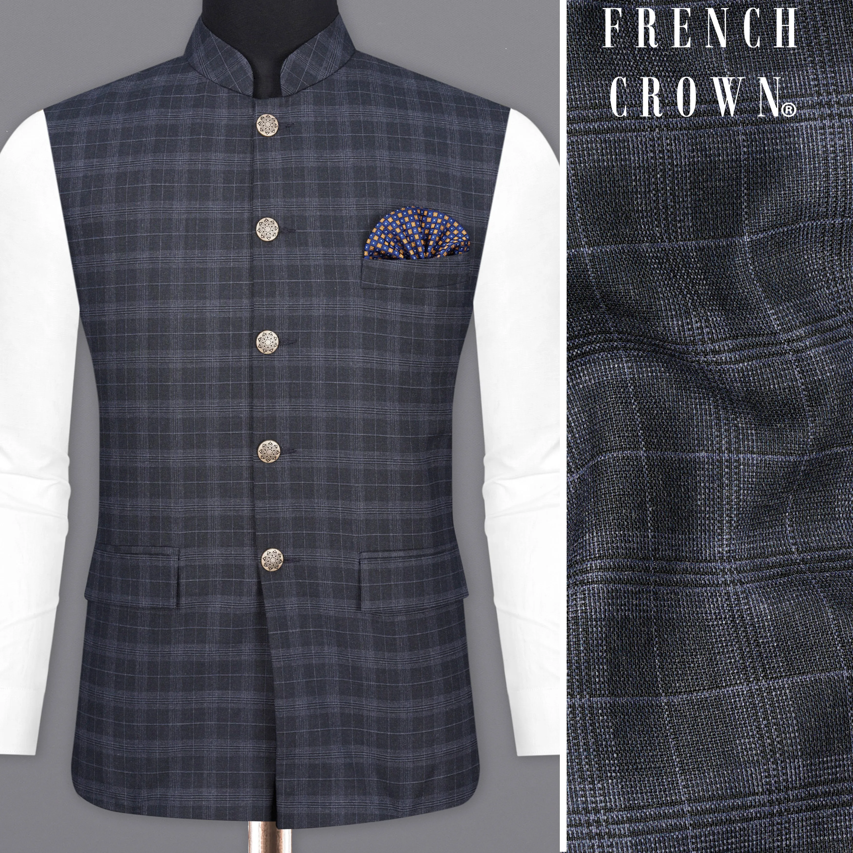 Iridium Gray With Mobster Gray Plaid Nehru Jacket sold by French Crown