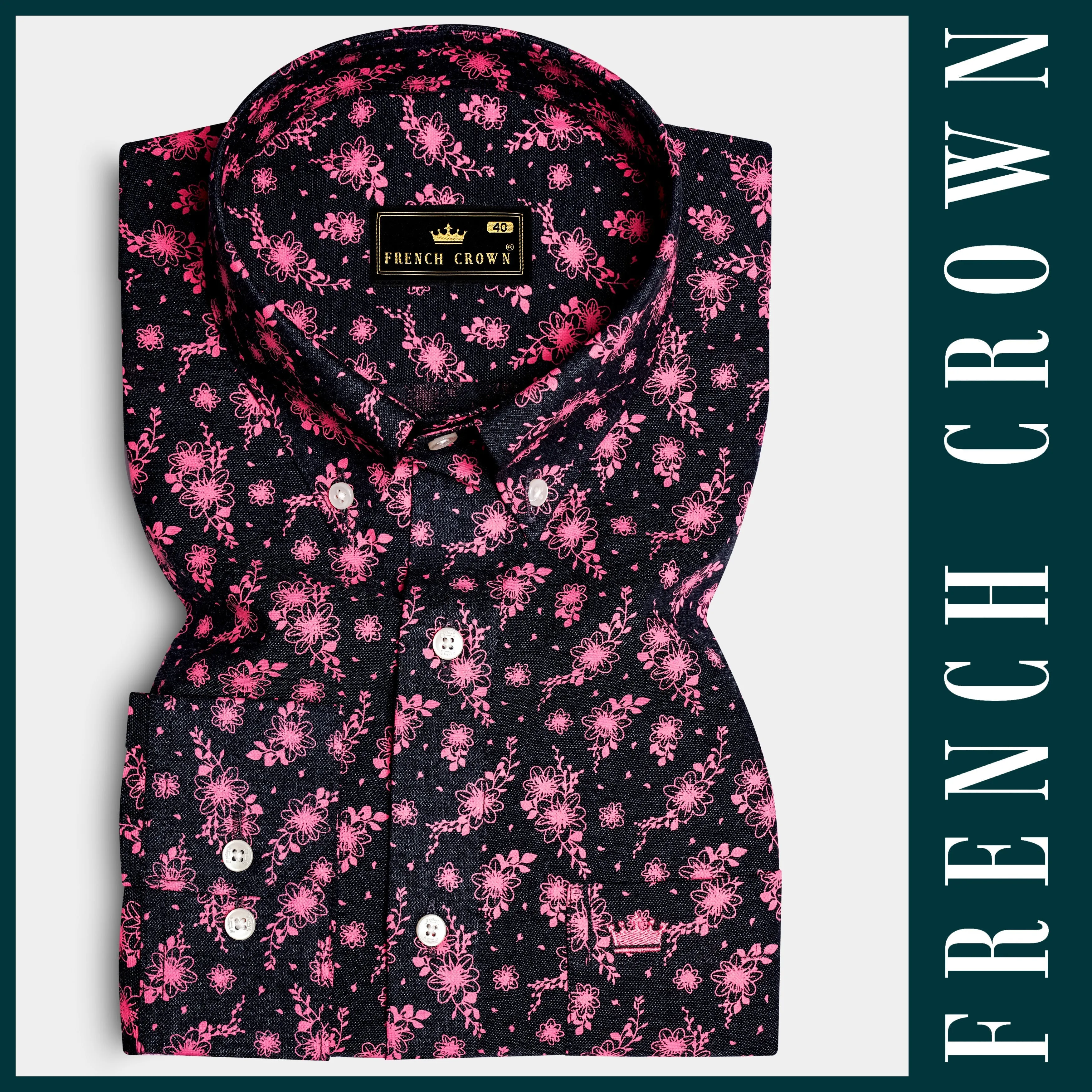 Shadow Petals-Jade Black And Carnation Pink Floral Printed Oxford Premium Cotton Casual Shirt sold by French Crown product image thumbnail 5